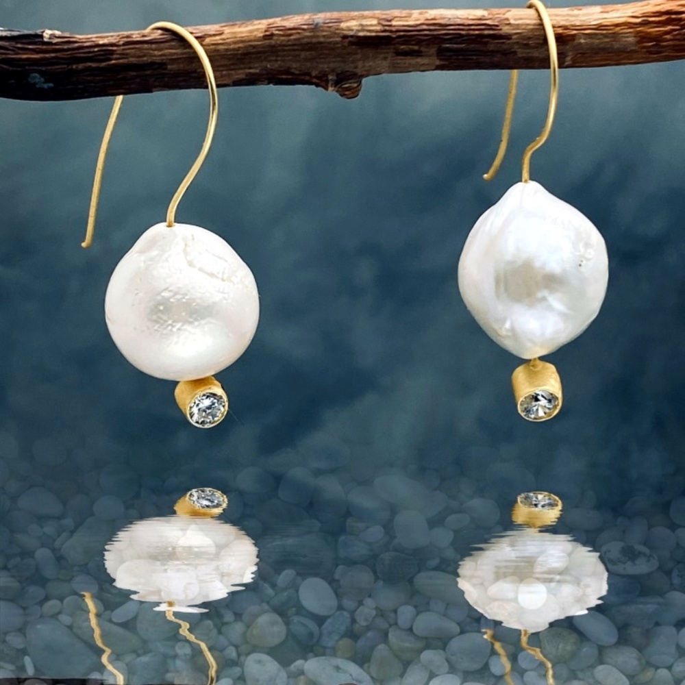 Baroque Pearl Dangle Earrings 24K Gold Plated CZ Handmade Artisan - Picture 8 of 8